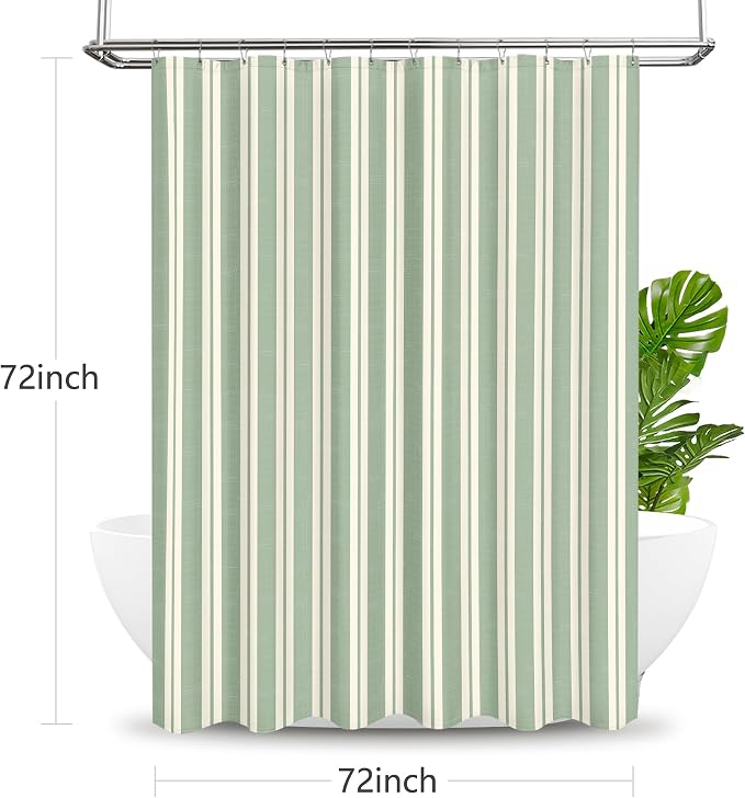 Tititex Cute Candy Cane Striped 140gsm Faux Linen Fabric Shower Curtain, Elegant Classic Sage Green Beige Shower Curtain Sets Decoration 72x72 Inch with Hooks