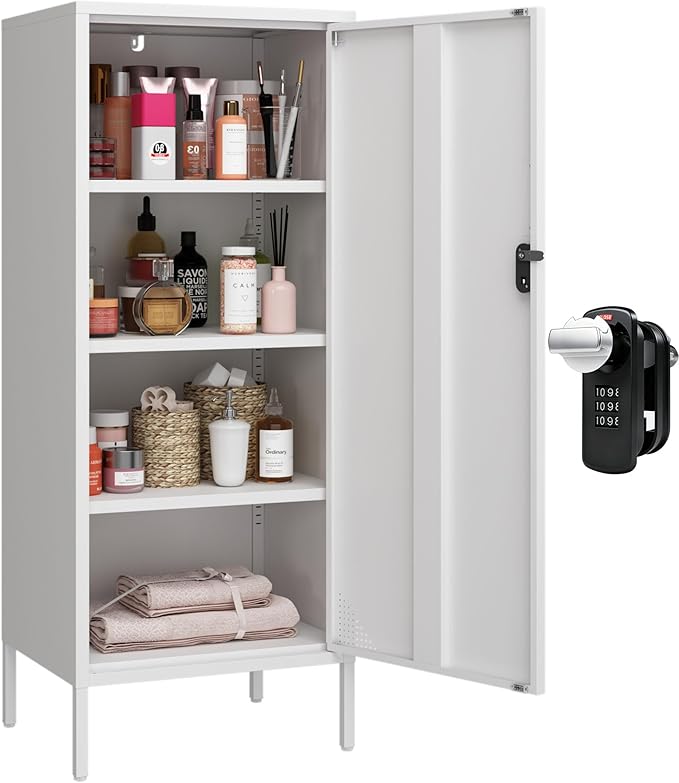 Metal Locker Cabinet Lockable Bathroom Storage Cabinet Black 4 Tier Employee Lockers for Home, School, Office, Garage (White, 19.69" D x 15.75" W x 49.21" H)