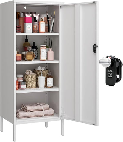 Metal Locker Cabinet Lockable Bathroom Storage Cabinet Black 4 Tier Employee Lockers for Home, School, Office, Garage (White, 19.69" D x 15.75" W x 49.21" H)