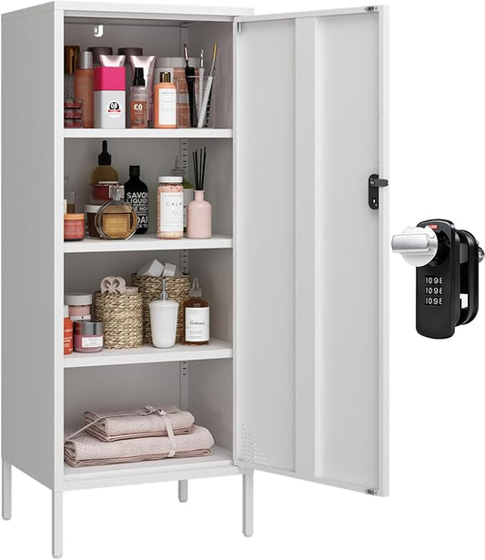 Metal Locker Cabinet Lockable Bathroom Storage Cabinet Black 4 Tier Employee Lockers for Home, School, Office, Garage (White, 19.69" D x 15.75" W x 49.21" H)