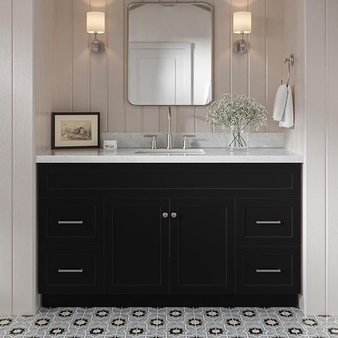 Bradford 60 Inch Bathroom Vanity Single Sink — Black Bathroom Vanity with Sink, 1.5" Edge Italian Carrara Marble Countertop, Solid Wood, 2 Soft-Close Doors, 4 Dovetail Drawers