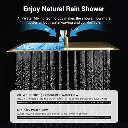 Thermostatic Dual Shower Head System, Brushed Gold Shower Faucet | 12 Inch Ceiling Rainfall Shower, 6 Inch Wall Mount Head, High Pressure Handheld Sprayer, Push Button Valve