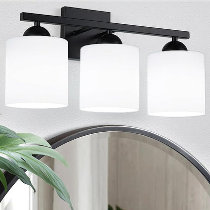 3-Light Matte Black Bathroom Vanity Light, Modern Bathroom Light Fixtures Over Mirror, Farmhouse Wall Sconce with Milky White Glass Shades, E26 Socket