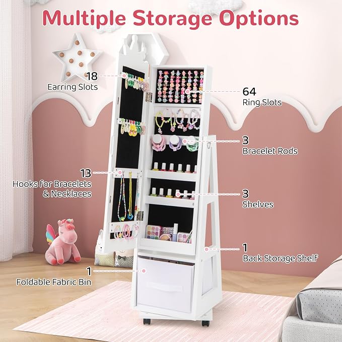 CHARMAID 360° Swivel Kids Jewelry Cabinet, 48" Standing Jewelry Organizer with Full Length Mirror, Storage Drawer, Kids Vanity Dressing Mirror, Jewelry Armoire with Lockable Wheels for Girls (White)