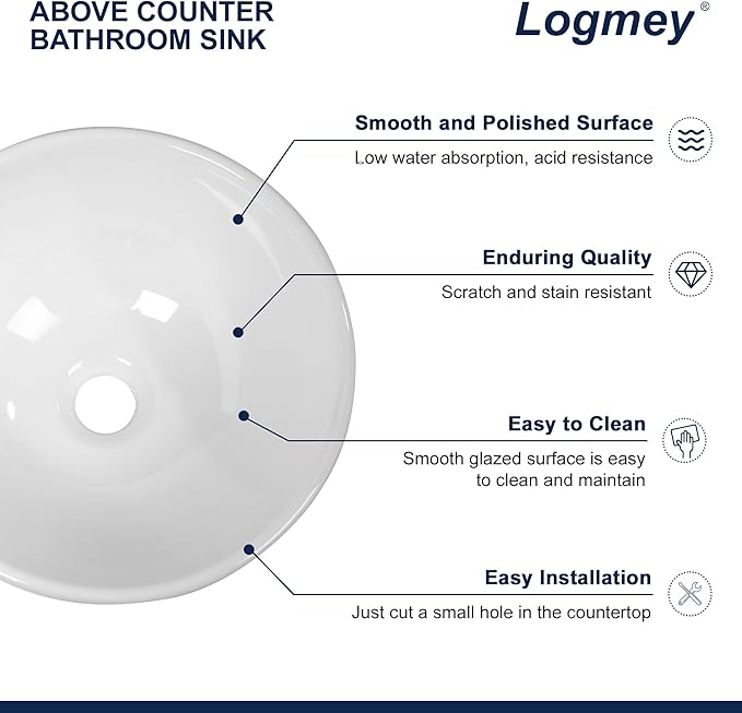 Logmey 13" Round Vessel Sink Small Bathroom Sink Modern White Vessel Sink for Bathroom RV Above Counter Porcelain Ceramic 13x13 inch Art Sink