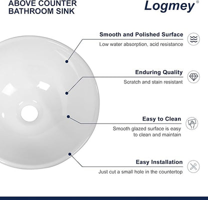 Logmey 13" Round Vessel Sink Small Bathroom Sink Modern White Vessel Sink for Bathroom RV Above Counter Porcelain Ceramic 13x13 inch Art Sink