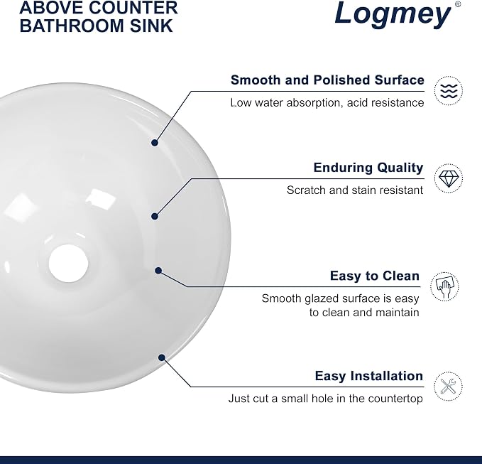 Logmey 16" Round Bathroom Sink | 16x16 Small White Vessel Sink Modern Above Counter Porcelain Ceramic Vessel Vanity Sink Bowl for Bathroom