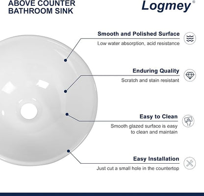 Logmey 16" Round Bathroom Sink | 16x16 Small White Vessel Sink Modern Above Counter Porcelain Ceramic Vessel Vanity Sink Bowl for Bathroom