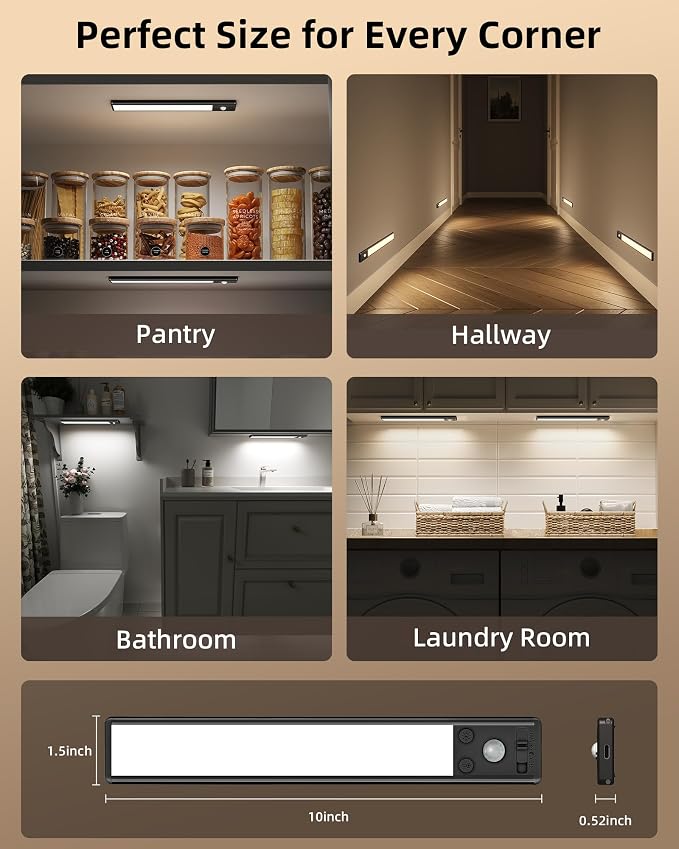 EZVALO 8" Under Cabinet Lights, 2500mAh USB-C Rechargeable Motion Sensor Light, 3 Color Temps, 5-Level Dimmable Magnetic Wireless Closet Lights for Kitchen, Pantry, Stairs (2 Pack)