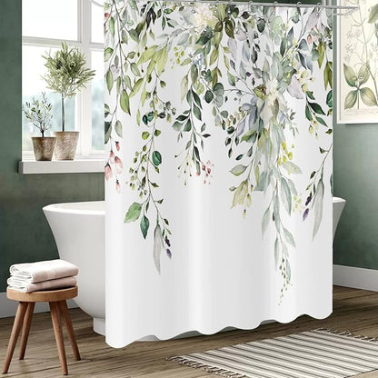 Eucalyptus Leaf Waffle Textured Shower Curtain, Weighted Bottom Watercolor Green Leaves on The Top Plant with Floral Bathroom Curtain Bathtub Home Decor Waterproof Fabric with 12 Metal Hooks