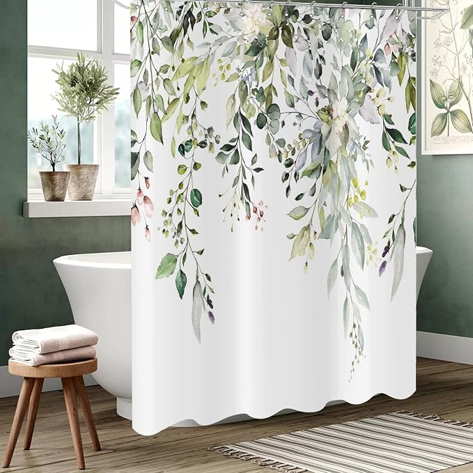 Eucalyptus Leaf Waffle Textured Shower Curtain, Weighted Bottom Watercolor Green Leaves on The Top Plant with Floral Bathroom Curtain Bathtub Home Decor Waterproof Fabric with 12 Metal Hooks