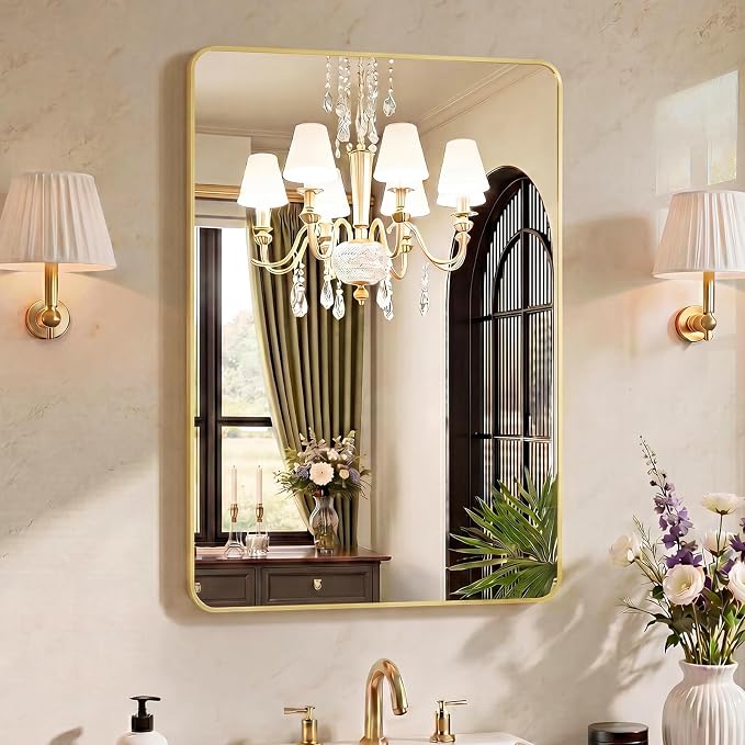 OLIXIS 38x26 Inch Bathroom Wall Mount Mirror with Rounded Rectangle, Gold | Modern Wall Vanity Mirrors for Over Sink with Matte Brush Metal Framed, for Home Decor, Living Room, Bedroom