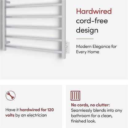 WarmlyYours Tahoe Heated Towel Rack, 6 Bars, Polished Stainless Steel | Hardwired 120V heated towel rack for spa-like bathroom comfort, 427 BTU/hr, energy-efficient towel drying