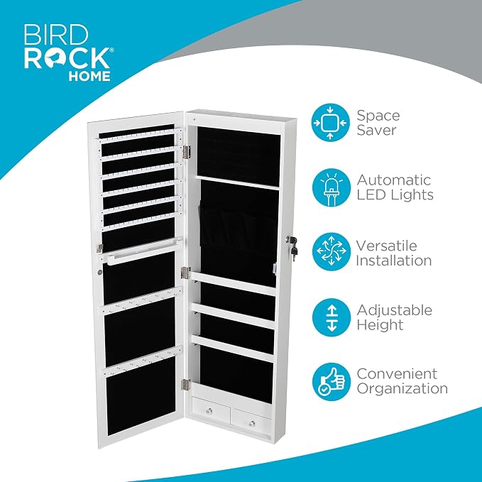 BIRDROCK HOME Hanging Jewelry Organizer - Lockable Storage Cabinet with Body Mirror & LED Lights, Door or Wall Mounted for Closet or Bedroom Dresser, Adjustable Height & Large Capacity - White
