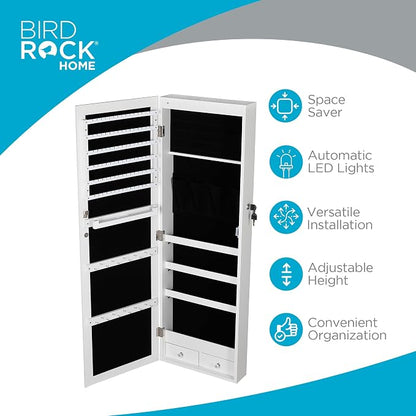 BIRDROCK HOME Hanging Jewelry Organizer - Lockable Storage Cabinet with Body Mirror & LED Lights, Door or Wall Mounted for Closet or Bedroom Dresser, Adjustable Height & Large Capacity - White
