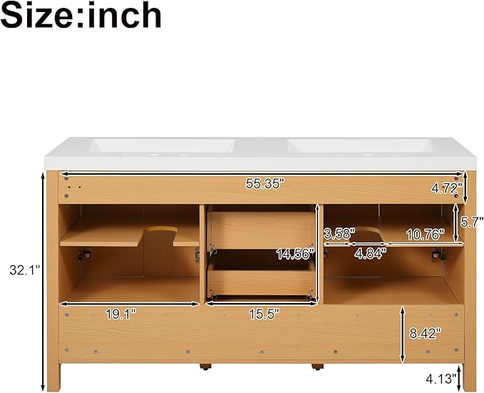 60 Inch Bathroom Vanity with Double SMC Resin Sink, 60 Double Sink Bathroom Vanity, Bathroom Vanity 60" Double Sink with Soft-Close Doors and Drawers, 4 Doors, 5 Drawers, Adjustable Shelves (Wood)