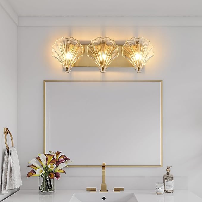 Bathroom Light Fixtures, 3-Lights Vanity Lights Over Mirror, Modern Bathroom Wall Light with Clear Shell Shaped Glass Shades, Gold Wall Sconces for Bedroom Living Room Kitchen Hallway
