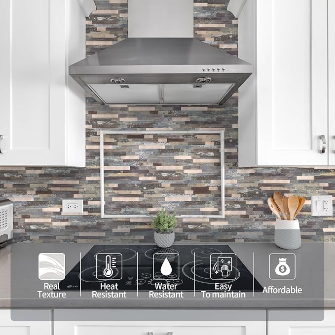Yipscazo 10 Sheets Peel and Stick Wood Metal Tile Backsplash, Stick on Tiles for Backsplash Kitchen, Bathroom, Laundry Room, Camper, Fireplace (12'' X 12'', Mix Rustic with Gold)