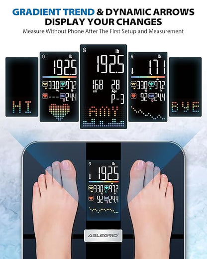 ABLEGRID Smart Body Fat Scale, Rechargeable Digital Bathroom Scale for Body Weight, Gradient Trends and Difference in Change Display, 22 Body Metrics, BMI, Muscle Mass, Heart Rate, Water Weight, 400lb