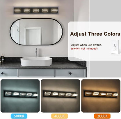 LED Wall Black Vanity Lights for Bathroom Light Fixtures 30W Adjust 3 Colors Modern Bath Lighing Over Mirror Acrylic Heads LED Vanity Light (5-Light,34inch)