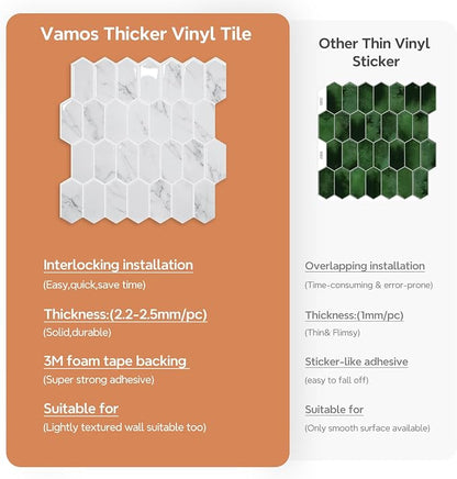 Vamos Tile Upgraded Thicker Design Backsplash Tile Peel and Stick, 10-Sheet Grey Marble Long Hexagon Self Adhesive Wall Tiles Stick On Backsplash for Kitchen Bathroom RV Fireplace
