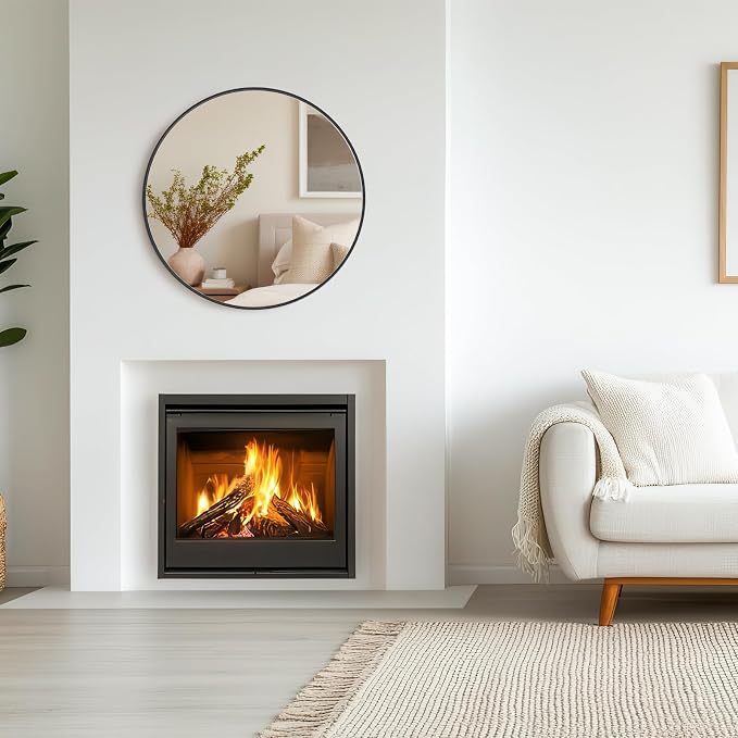 NEWBULIG 24 Inch Round Bathroom Mirror, Wall Mount Vanity Mirror | Circle Mirror for Over Sink, Matte Metal Frame, Entryway Decor, Bedroom Decor, Black