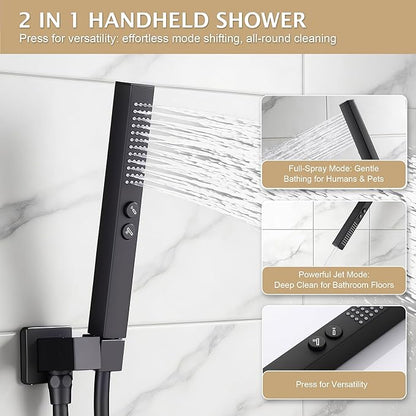 Rain Shower System, 8''Square Rain Head,2-Spray Handheld, Matte Black | 2 Spray Functions,Anti-Tangle Explosion-proof PVD Hose,Balance Temp Valve,Rust-proof & Scratch-resistant