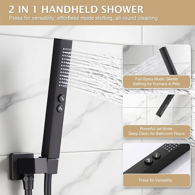 Rain Shower System, 12''Square Rain Head,2-Spray Handheld,Matte Black | 2 Spray Functions,Anti-Tangle Explosion-proof PVD Hose,Balance Temp Valve,Rust-proof & Scratch-resistant