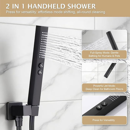 Rain Shower System, 12''Square Rain Head,2-Spray Handheld,Matte Black | 2 Spray Functions,Anti-Tangle Explosion-proof PVD Hose,Balance Temp Valve,Rust-proof & Scratch-resistant