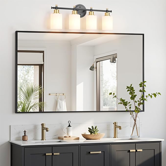 23 Inch 4-Light Bathroom Vanity Light, Modern Black and Gold Vanity Light | 23'' Bathroom Wall Sconce With White Frosted Glass Shades, Anti-Rust Vanity Light Fixture Over Mirror, E26(Bulb Not Include)