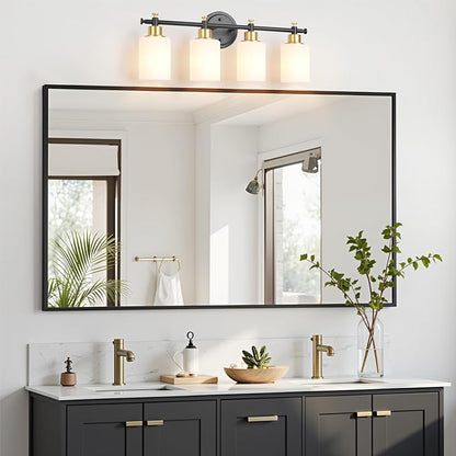 23 Inch 4-Light Bathroom Vanity Light, Modern Black and Gold Vanity Light | 23'' Bathroom Wall Sconce With White Frosted Glass Shades, Anti-Rust Vanity Light Fixture Over Mirror, E26(Bulb Not Include)