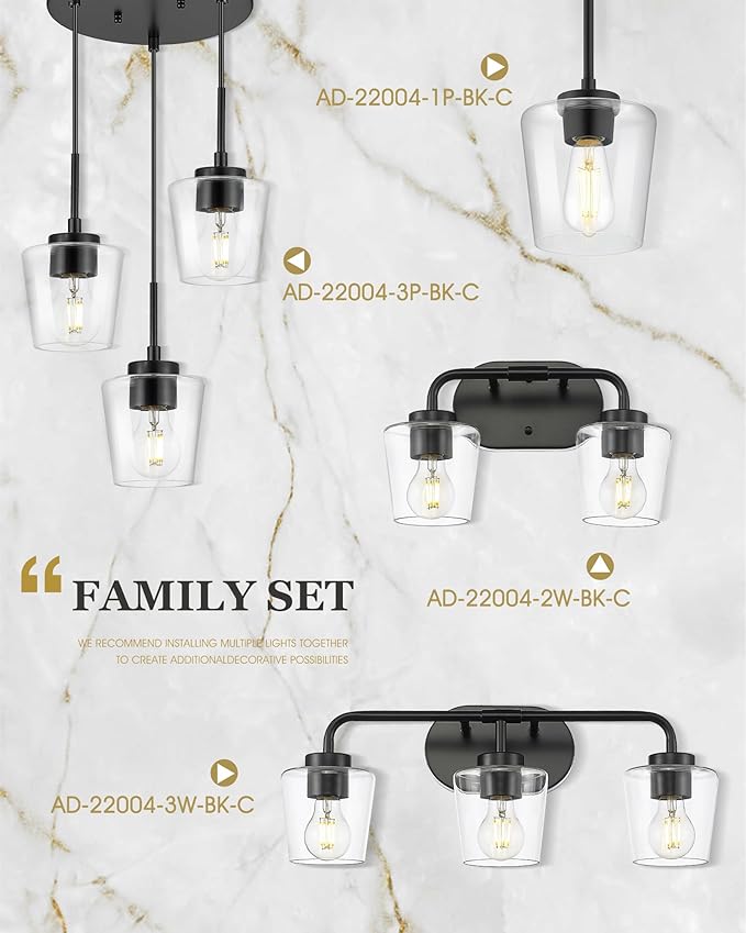 Bathroom Light Fixtures, 3-Light Matte Black Vanity Lights Over Mirror with Clear Glass, Modern Vanity Lighting Fixtures, AD-22004-3W-BK-C