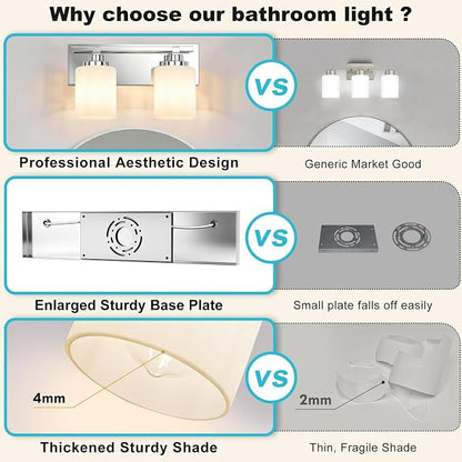 Modern Bathroom Lighting Fixtures Over Mirror, Vanity Lights for Bathroom, Wall Sconces with Milky White Glass Shades, E26 Ceramic Socket, 2-Light 14-inch Chrome