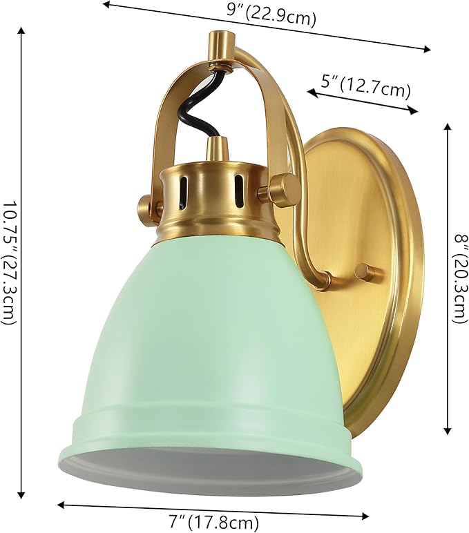 JONATHAN Y 7" Mint Green/Brass Gold 1-Light LED Vanity Light, Adjustable Wall Sconce for Bathroom Mirror, Farmhouse Bohemian Kitchen Light, Iron Black Bell Shade (JYL1114D)