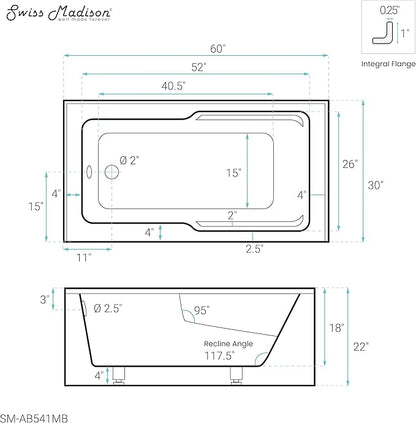 Voltaire 60" x 30" Left-Hand Drain Alcove Bathtub with Apron in Matte Black
