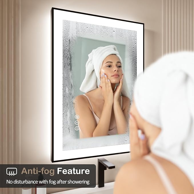 40x30 Inch LED Bathroom Mirror with Black Frame | Black Metal Frame, Front and Backlit, 3 Colors, Dimmable, Memory, Anti Fog, Tempered Glass, Lighted Mirror for Wall
