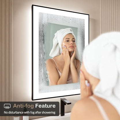 40x30 Inch LED Bathroom Mirror with Black Frame | Black Metal Frame, Front and Backlit, 3 Colors, Dimmable, Memory, Anti Fog, Tempered Glass, Lighted Mirror for Wall