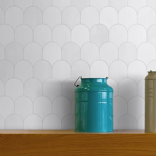 SUNWINGS 10-Sheet Fish Scale Peel and Stick Backsplash Tile, 11.4'' x 10.9" Stone Composite Scallop Handmade Looks Self-Adhesive Wall Tiles for Kitchen Bathroom, White Mixed