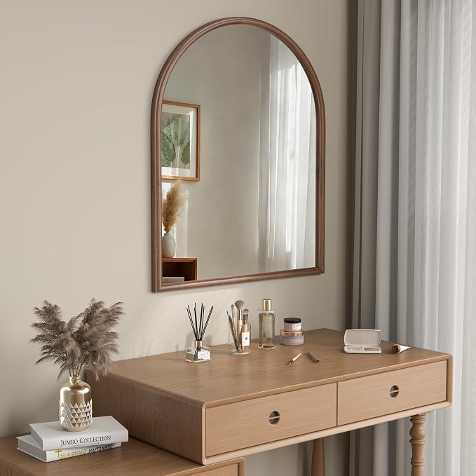 30"x36" Arch Wall Mirror for Wall, Wall Mounted Vanity Mirror for Bedroom, Wood Grain Finish Frame Mirror with Tempered Glass, Vintage Decorative for Bathroom, Entryway, Living Room, Walnut