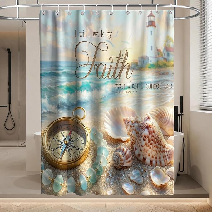 Luxury Aesthetic Ocean Shower Curtain Beach Nautical Funky Inspirational | Pretty Shower Curtains for Bathroom, Waterproof Bath Curtain with Hooks Machine Washable Bathtub Curtains 60x72 Inch Blue