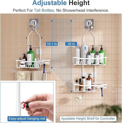 Upgraded Extended Length Shower Organizer with Hooks, Rustproof Shampoo Soap Holder, Large Hanging Bathroom Caddy, White