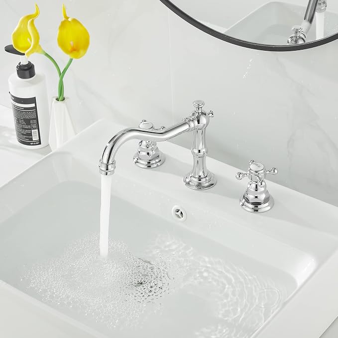 2 Handles 3 Holes Faucet Widespread Bathroom Sink Faucet Chrome Basin Mixer Tap Matching Pop Up Drain with Overflow