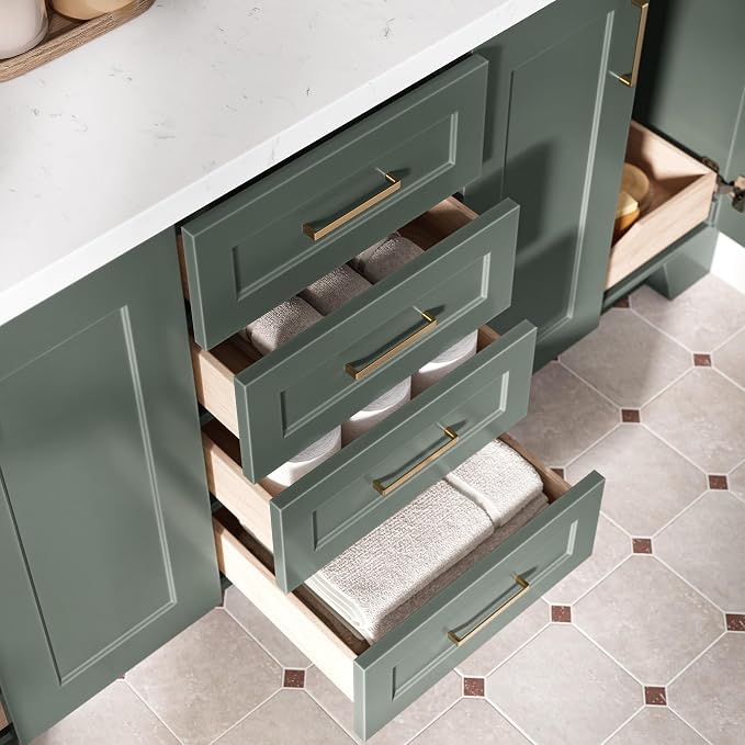 ARIEL Taylor 72-inch Bathroom Vanity with Sink,Solid Wood, 1.5-inch Carrara White Quartz Countertop, Double Rectangular Porcelain Sink, Soft Closing Doors, Dovetail Drawers, Vintage Green