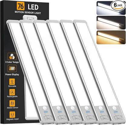 Under Cabinet Lighting Wireless, Rechargeable Motion Sensor Light Indoor, 3 Color Dimmable Closet Light Battery Operated with LED Power Display, Magnetic Under Counter Lights for Kitchen, Home (6Pack)