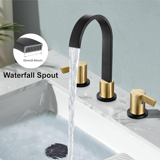 Midanya 8 Inch Widespread Bathroom Sink Faucet 3 Hole,Black and Gold Handle | Waterfall Swivel Spout,2 Handle,SUS304,with Pop Up Drain,cUPC 24" Water Hose,for 6-16” hole distance vanity,RV,Farmhouse Sink