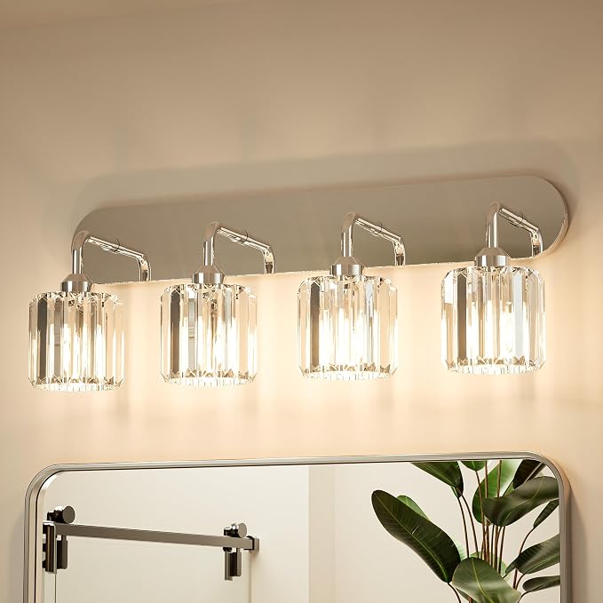 Keonjinn 4-Light Chrome Bathroom Light Fixtures Over Mirror, Crystal | Vanity Lighting Fixture with Crystal Square Shades, Dimmable, Modern Style, Compatible with E26 Base LED Bulbs (Exclude Bulb)
