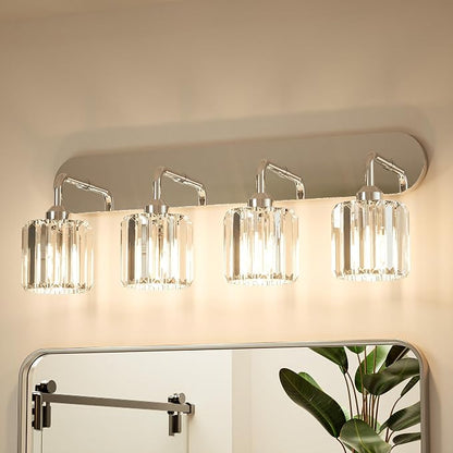 Keonjinn 4-Light Chrome Bathroom Light Fixtures Over Mirror, Crystal | Vanity Lighting Fixture with Crystal Square Shades, Dimmable, Modern Style, Compatible with E26 Base LED Bulbs (Exclude Bulb)