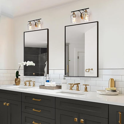 KSANA Bathroom Vanity Lights, 2-Light Black and Electroplated Brass Vanity Light Over Mirror Mid-Century Modern Bathroom Light Fixtures with Textured Glass, 14" L x 6.7" W x 7.3" H