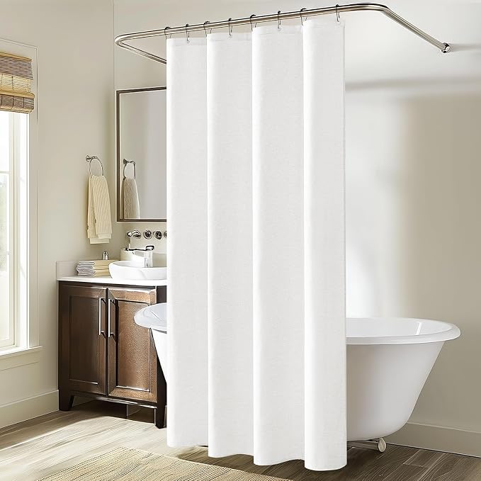 MIULEE Linen Fabric Shower Curtain White W48*L72 8 Metal Hooks | Washable, Modern, Heavy Duty, Shower Curtain Set, Waterproof Neutral Thick Cloth Shower Curtain, Bathroom Bathtub