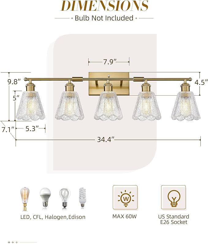 HWH 5-Light Bathroom Vanity Light Fixtures, Brushed Brass Modern Wall Lights with Clear Floral Glass, Vintage Wall Sconce Lighting for Mirror, Bedroom, 5HJX110B-5W BG